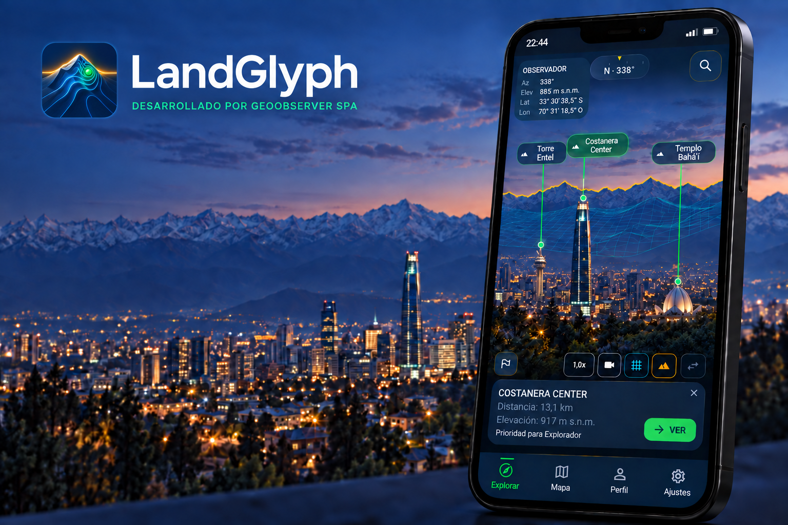 Visualización conceptual de LandGlyph con una vista de Santiago y la cordillera de los Andes